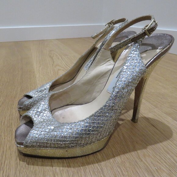 JIMMY CHOO Nova Slingback Sparkle Glitter Platform Peep Toe Heels Cocktail US 6 - Picture 2 of 14